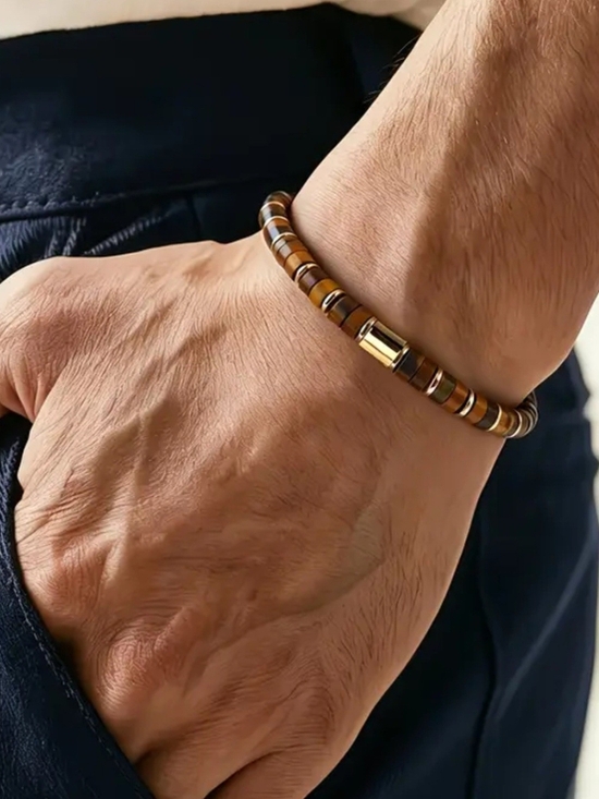 Other - Natural Tiger’s Eye Tube Bead Stretch Bracelet – Unisex Earthy Gemstone